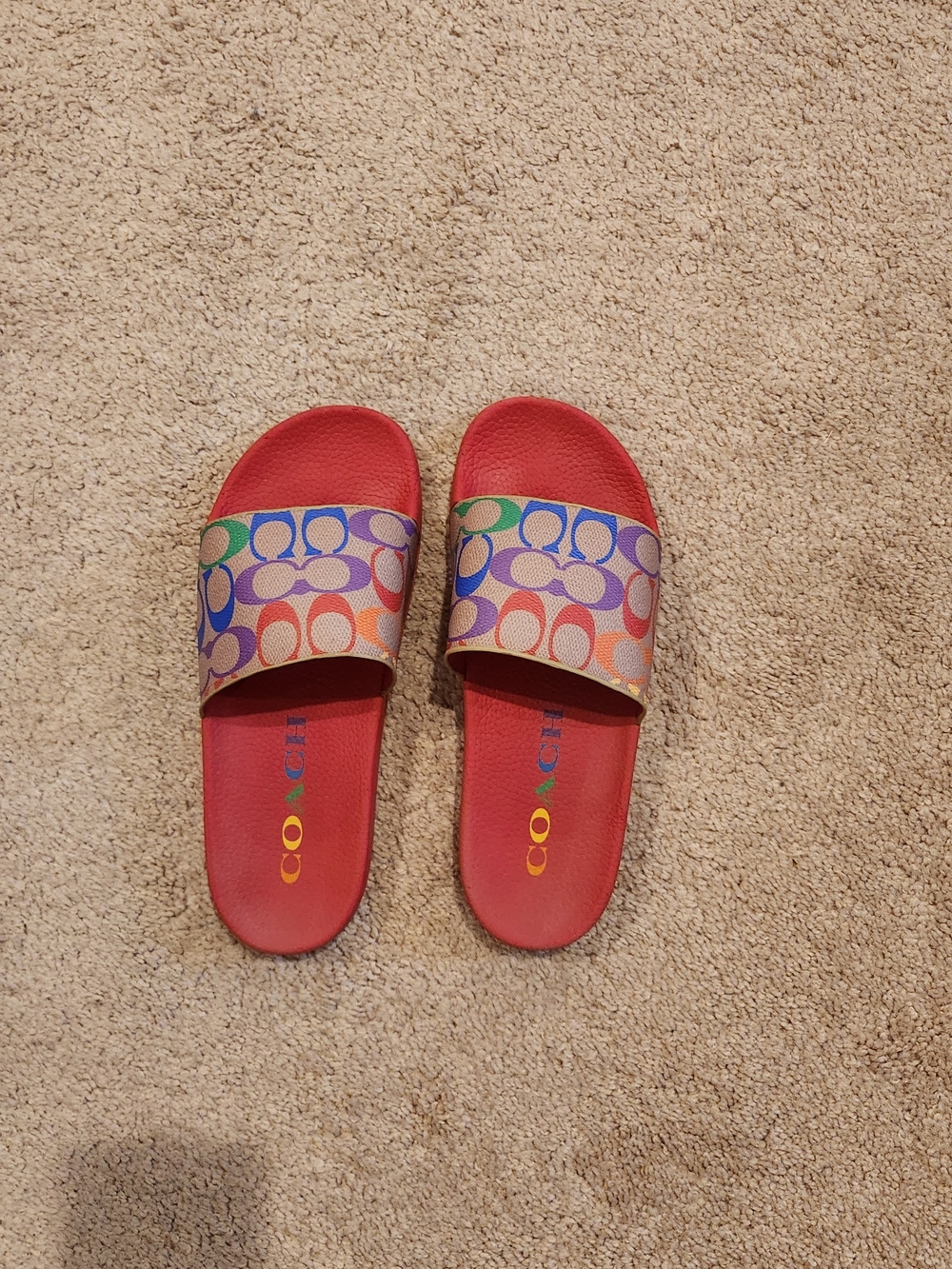 Coach Kids Red Slides with Multicolor Signature Strap